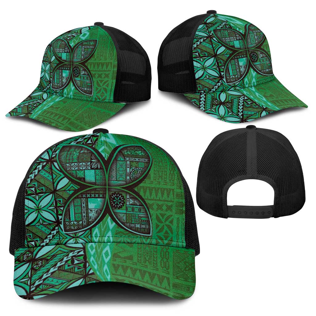 Samoan Pacific Tribal Flower Geometric Art Tattoos Baseball Net Cap Siapo Pattern Emerald Glow - Polynesian Pride