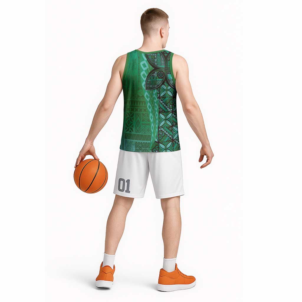 Samoan Pacific Tribal Flower Geometric Art Tattoos Basketball Jersey Siapo Pattern Emerald Glow - Polynesian Pride