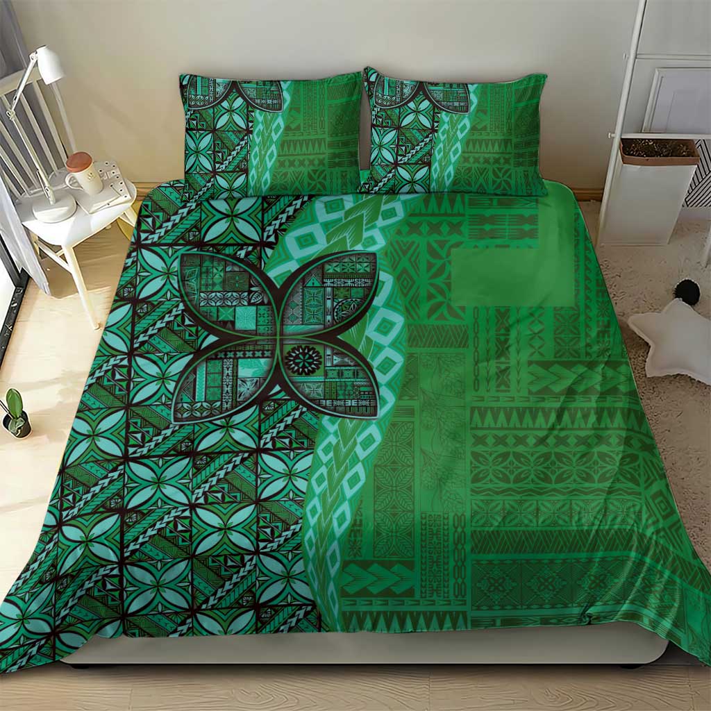 Samoan Pacific Tribal Flower Geometric Art Tattoos Bedding Set Siapo Pattern Emerald Glow - Polynesian Pride