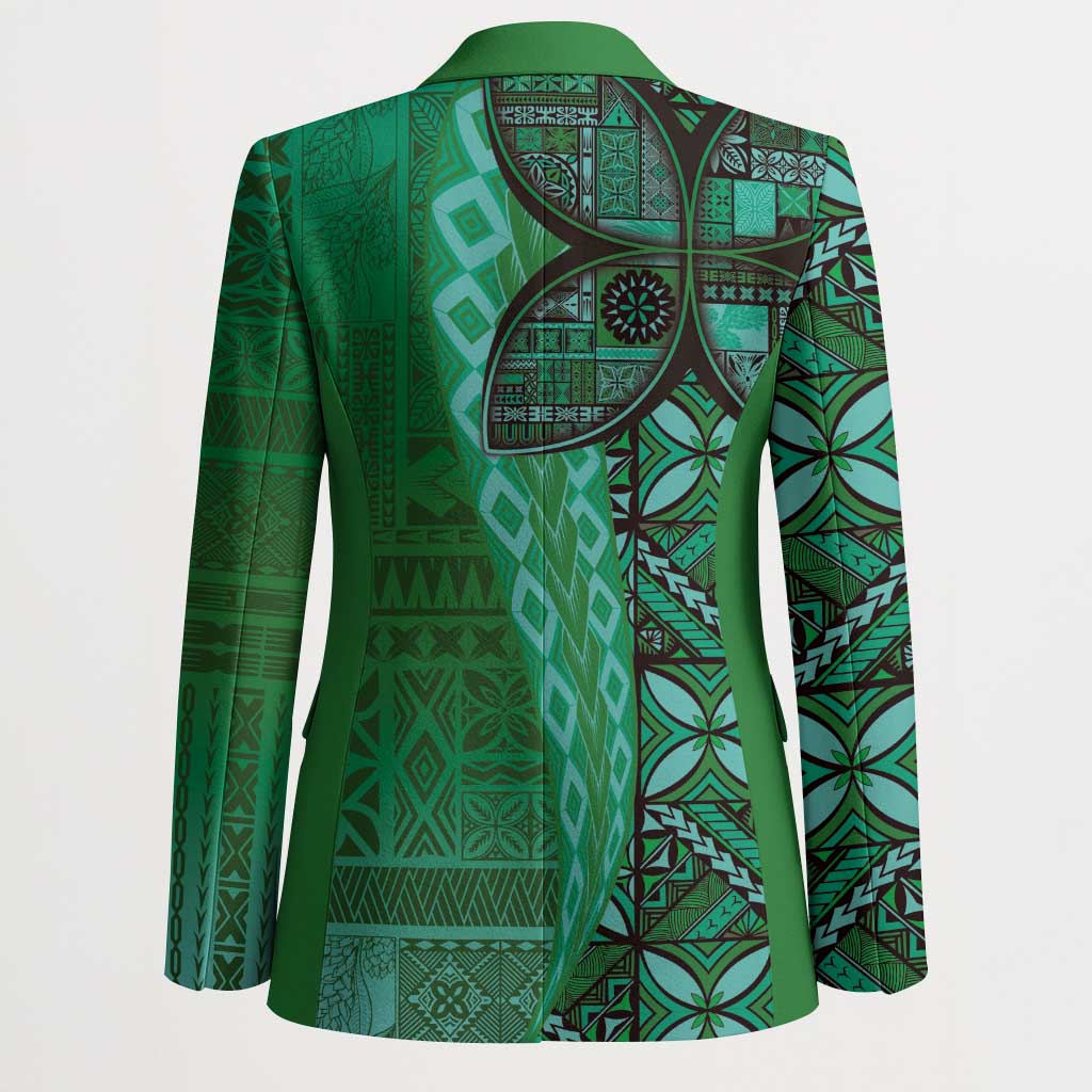 Samoan Pacific Tribal Flower Geometric Art Tattoos Blazer Siapo Pattern Emerald Glow - Polynesian Pride