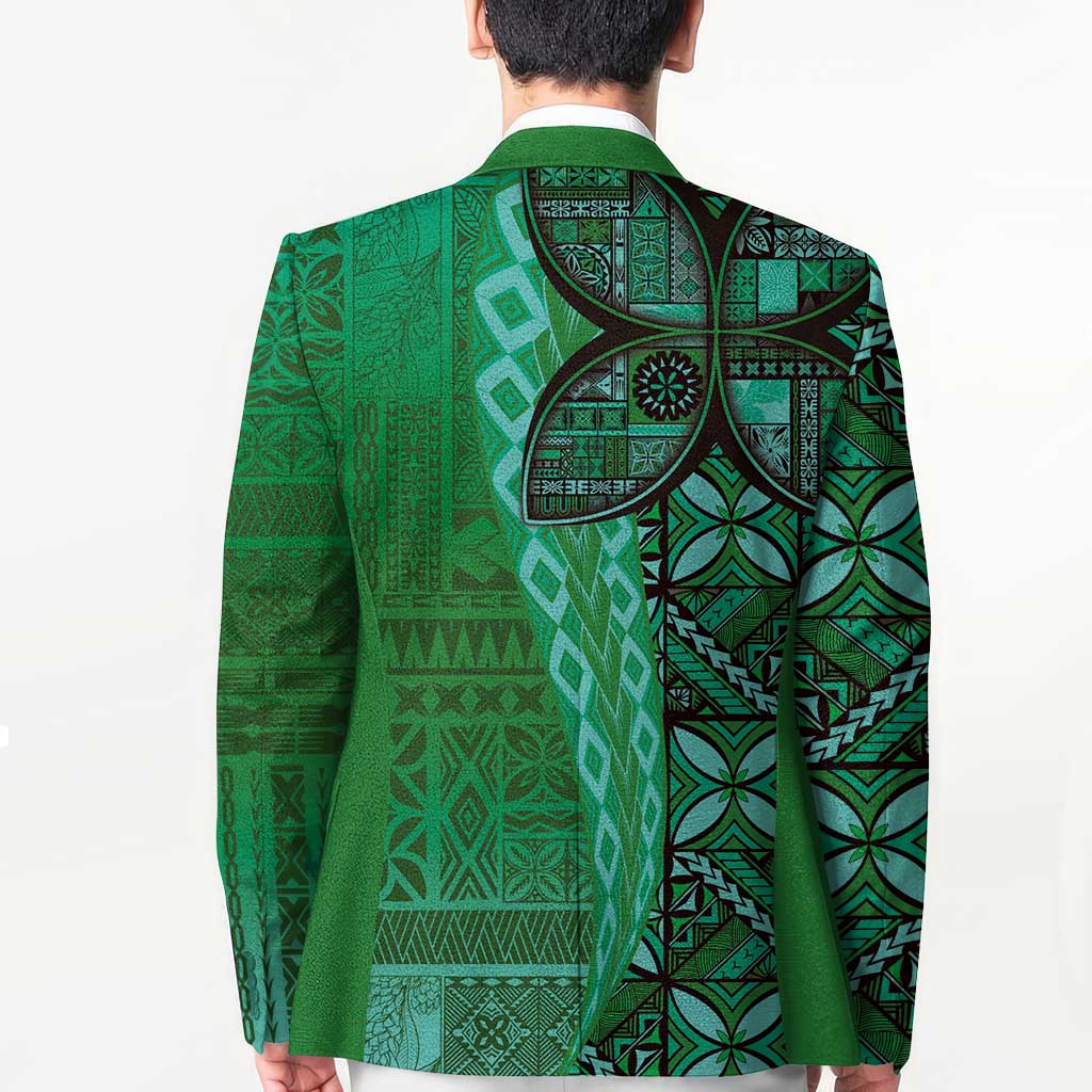 Samoan Pacific Tribal Flower Geometric Art Tattoos Blazer Siapo Pattern Emerald Glow - Polynesian Pride