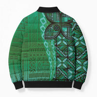 Samoan Pacific Tribal Flower Geometric Art Tattoos Bomber Puffer Jacket Siapo Pattern Emerald Glow - Polynesian Pride