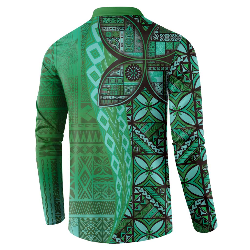 Samoan Pacific Tribal Flower Geometric Art Tattoos Button Sweatshirt Siapo Pattern Emerald Glow - Polynesian Pride