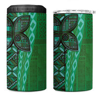 Samoan Pacific Tribal Flower Geometric Art Tattoos 4 in 1 Can Cooler Tumbler Siapo Pattern Emerald Glow - Polynesian Pride