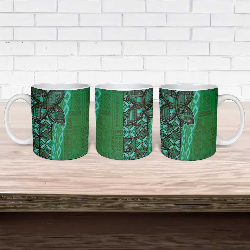 Samoan Pacific Tribal Flower Geometric Art Tattoos Ceramic Mug Siapo Pattern Emerald Glow - Polynesian Pride
