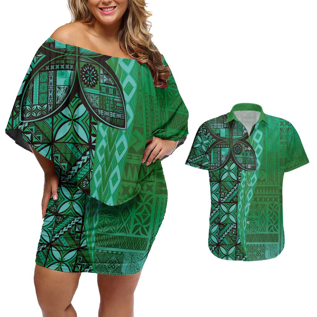 Samoan Pacific Tribal Flower Geometric Art Tattoos Couples Matching Off Shoulder Short Dress and Hawaiian Shirt Siapo Pattern Emerald Glow - Polynesian Pride