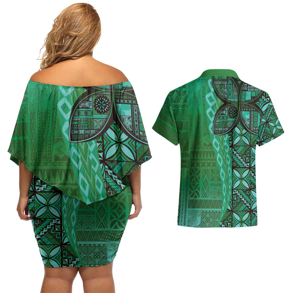 Samoan Pacific Tribal Flower Geometric Art Tattoos Couples Matching Off Shoulder Short Dress and Hawaiian Shirt Siapo Pattern Emerald Glow - Polynesian Pride