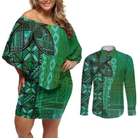 Samoan Pacific Tribal Flower Geometric Art Tattoos Couples Matching Off Shoulder Short Dress and Long Sleeve Button Shirt Siapo Pattern Emerald Glow - Polynesian Pride
