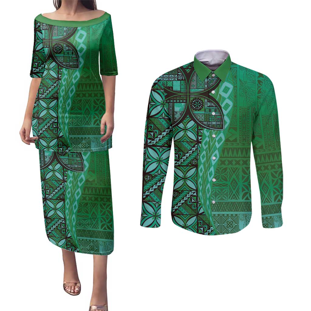 Samoan Pacific Tribal Flower Geometric Art Tattoos Couples Matching Puletasi and Long Sleeve Button Shirt Siapo Pattern Emerald Glow LT03 Green - Polynesian Pride