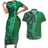 Samoan Pacific Tribal Flower Geometric Art Tattoos Couples Matching Short Sleeve Bodycon Dress and Hawaiian Shirt Siapo Pattern Emerald Glow - Polynesian Pride
