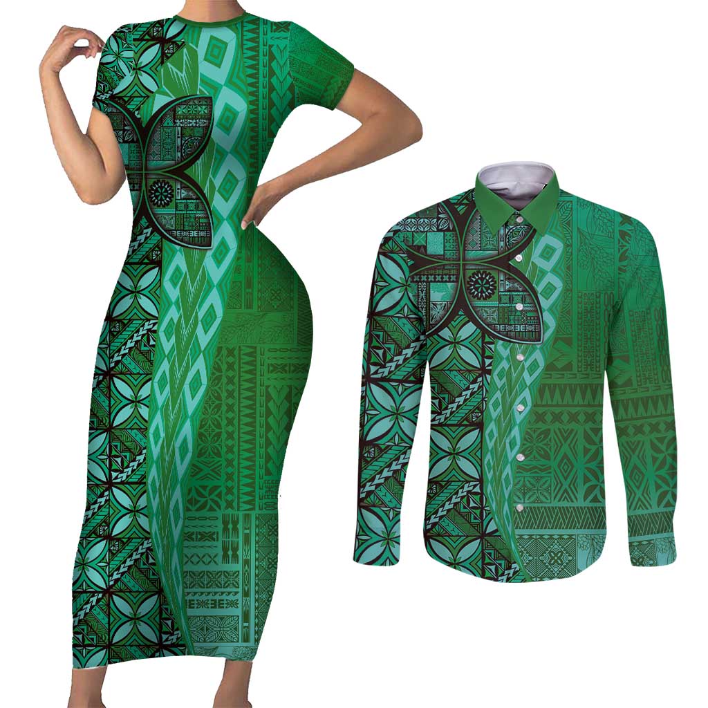 Samoan Pacific Tribal Flower Geometric Art Tattoos Couples Matching Short Sleeve Bodycon Dress and Long Sleeve Button Shirt Siapo Pattern Emerald Glow - Polynesian Pride