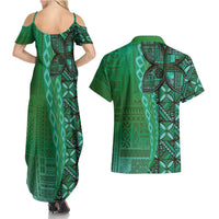 Samoan Pacific Tribal Flower Geometric Art Tattoos Couples Matching Summer Maxi Dress and Hawaiian Shirt Siapo Pattern Emerald Glow - Polynesian Pride
