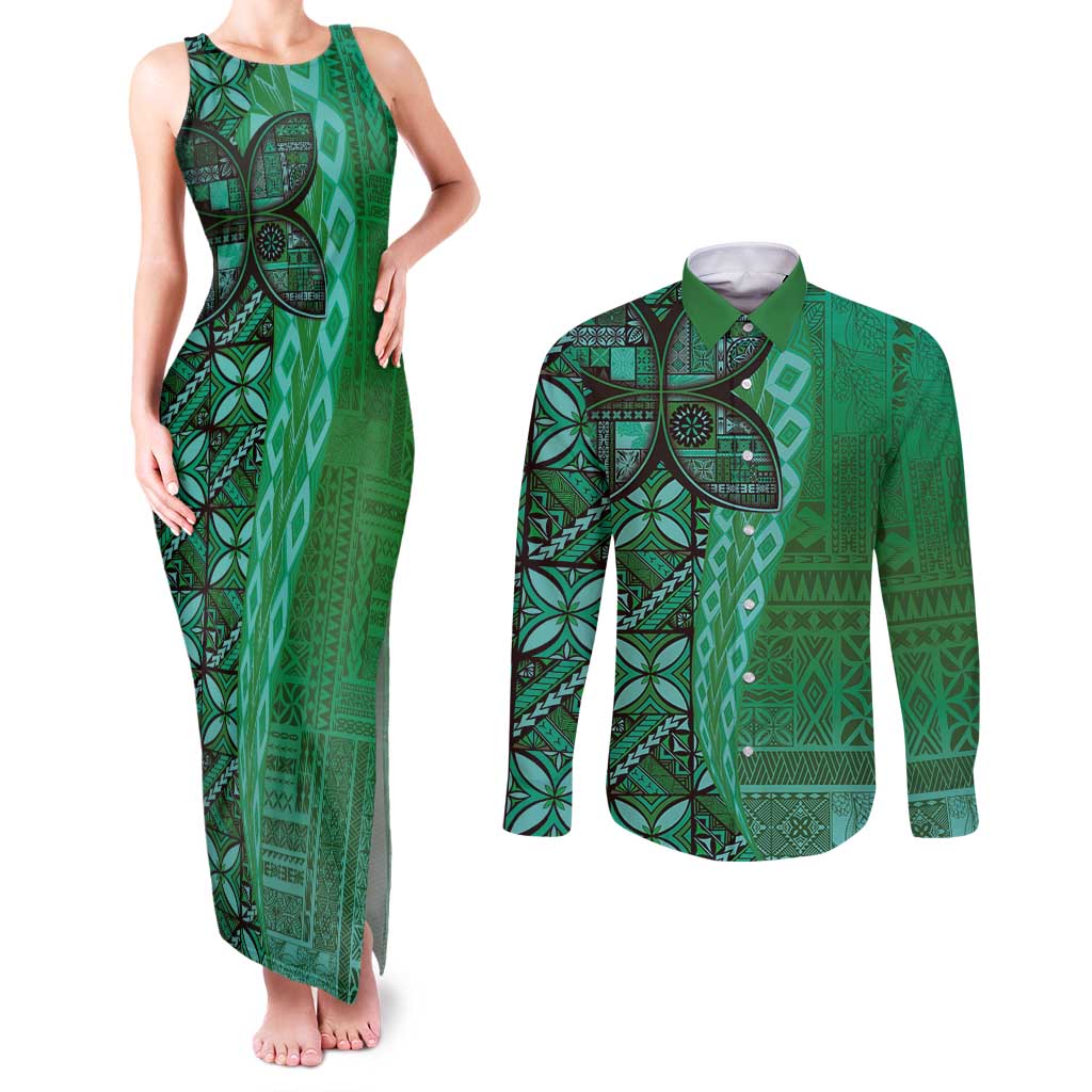 Samoan Pacific Tribal Flower Geometric Art Tattoos Couples Matching Tank Maxi Dress and Long Sleeve Button Shirt Siapo Pattern Emerald Glow LT03 Green - Polynesian Pride