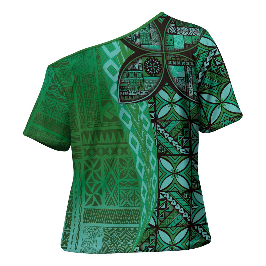Samoan Pacific Tribal Flower Geometric Art Tattoos Cross Shoulder Shirt Siapo Pattern Emerald Glow - Polynesian Pride