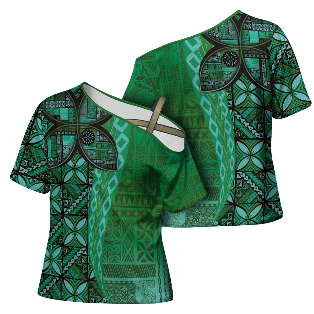 Samoan Pacific Tribal Flower Geometric Art Tattoos Cross Shoulder Shirt Siapo Pattern Emerald Glow - Polynesian Pride