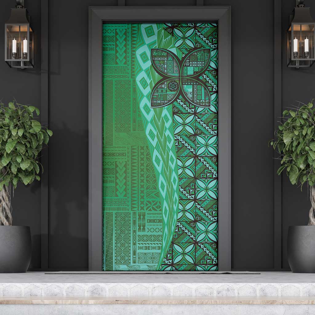 Samoan Pacific Tribal Flower Geometric Art Tattoos Door Cover Siapo Pattern Emerald Glow - Polynesian Pride