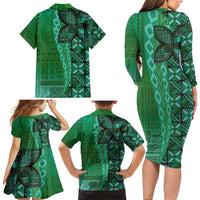 Samoan Pacific Tribal Flower Geometric Art Tattoos Family Matching Long Sleeve Bodycon Dress and Hawaiian Shirt Siapo Pattern Emerald Glow - Polynesian Pride