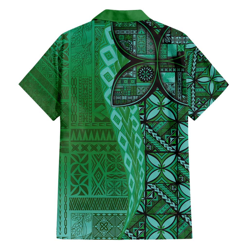 Samoan Pacific Tribal Flower Geometric Art Tattoos Family Matching Long Sleeve Bodycon Dress and Hawaiian Shirt Siapo Pattern Emerald Glow - Polynesian Pride