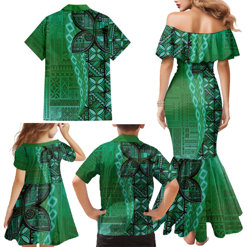 Samoan Pacific Tribal Flower Geometric Art Tattoos Family Matching Mermaid Dress and Hawaiian Shirt Siapo Pattern Emerald Glow - Polynesian Pride