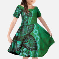 Samoan Pacific Tribal Flower Geometric Art Tattoos Family Matching Off The Shoulder Long Sleeve Dress and Hawaiian Shirt Siapo Pattern Emerald Glow - Polynesian Pride