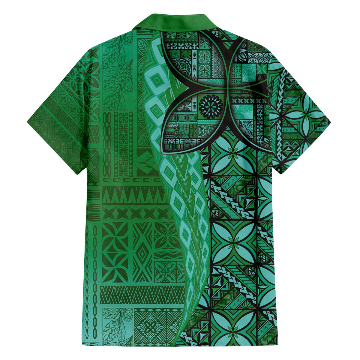 Samoan Pacific Tribal Flower Geometric Art Tattoos Family Matching Off The Shoulder Long Sleeve Dress and Hawaiian Shirt Siapo Pattern Emerald Glow - Polynesian Pride