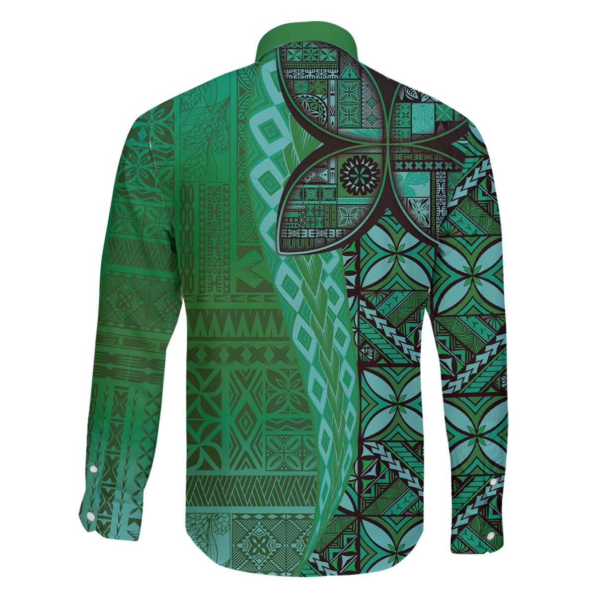Samoan Pacific Tribal Flower Geometric Art Tattoos Family Matching Off The Shoulder Long Sleeve Dress and Hawaiian Shirt Siapo Pattern Emerald Glow - Polynesian Pride