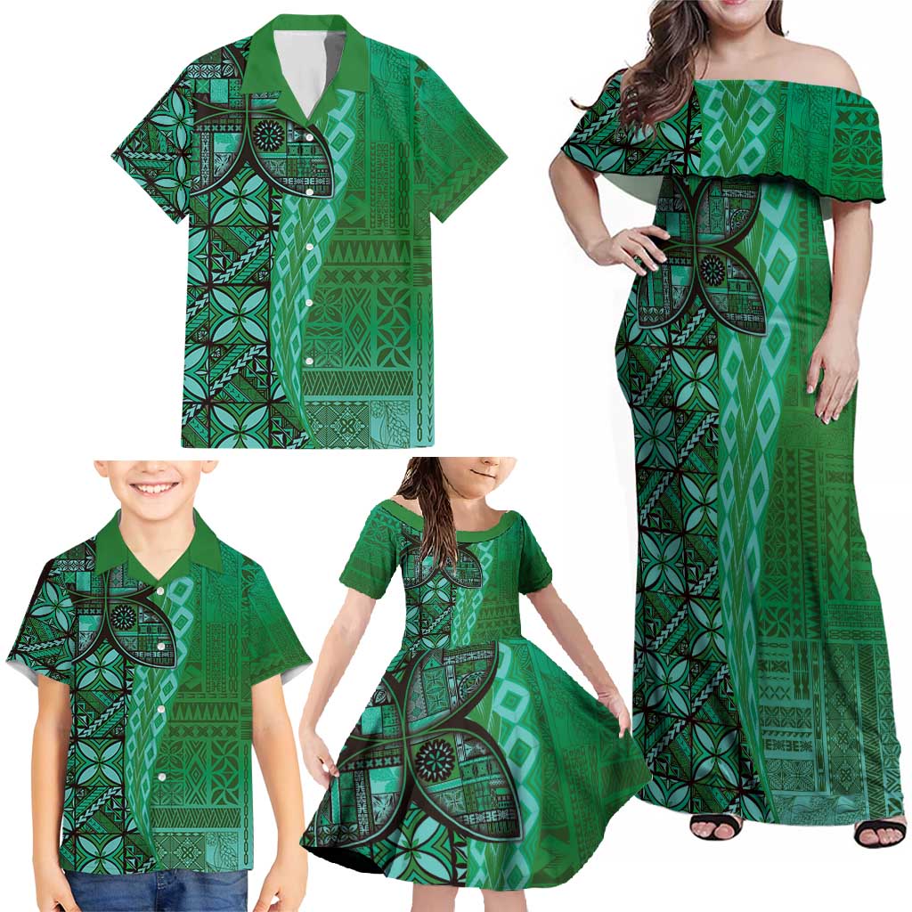 Samoan Pacific Tribal Flower Geometric Art Tattoos Family Matching Off Shoulder Maxi Dress and Hawaiian Shirt Siapo Pattern Emerald Glow - Polynesian Pride