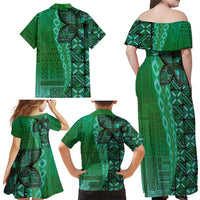 Samoan Pacific Tribal Flower Geometric Art Tattoos Family Matching Off Shoulder Maxi Dress and Hawaiian Shirt Siapo Pattern Emerald Glow - Polynesian Pride