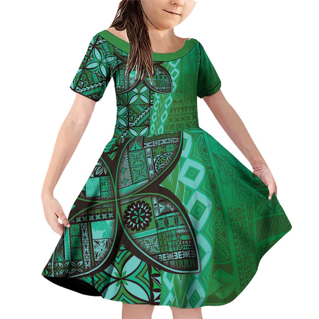Samoan Pacific Tribal Flower Geometric Art Tattoos Family Matching Off Shoulder Short Dress and Hawaiian Shirt Siapo Pattern Emerald Glow - Polynesian Pride