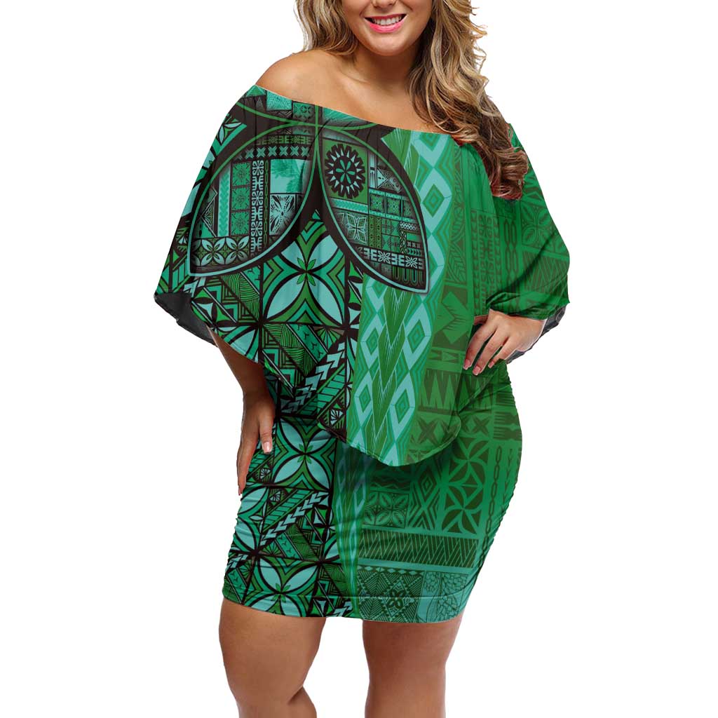 Samoan Pacific Tribal Flower Geometric Art Tattoos Family Matching Off Shoulder Short Dress and Hawaiian Shirt Siapo Pattern Emerald Glow - Polynesian Pride
