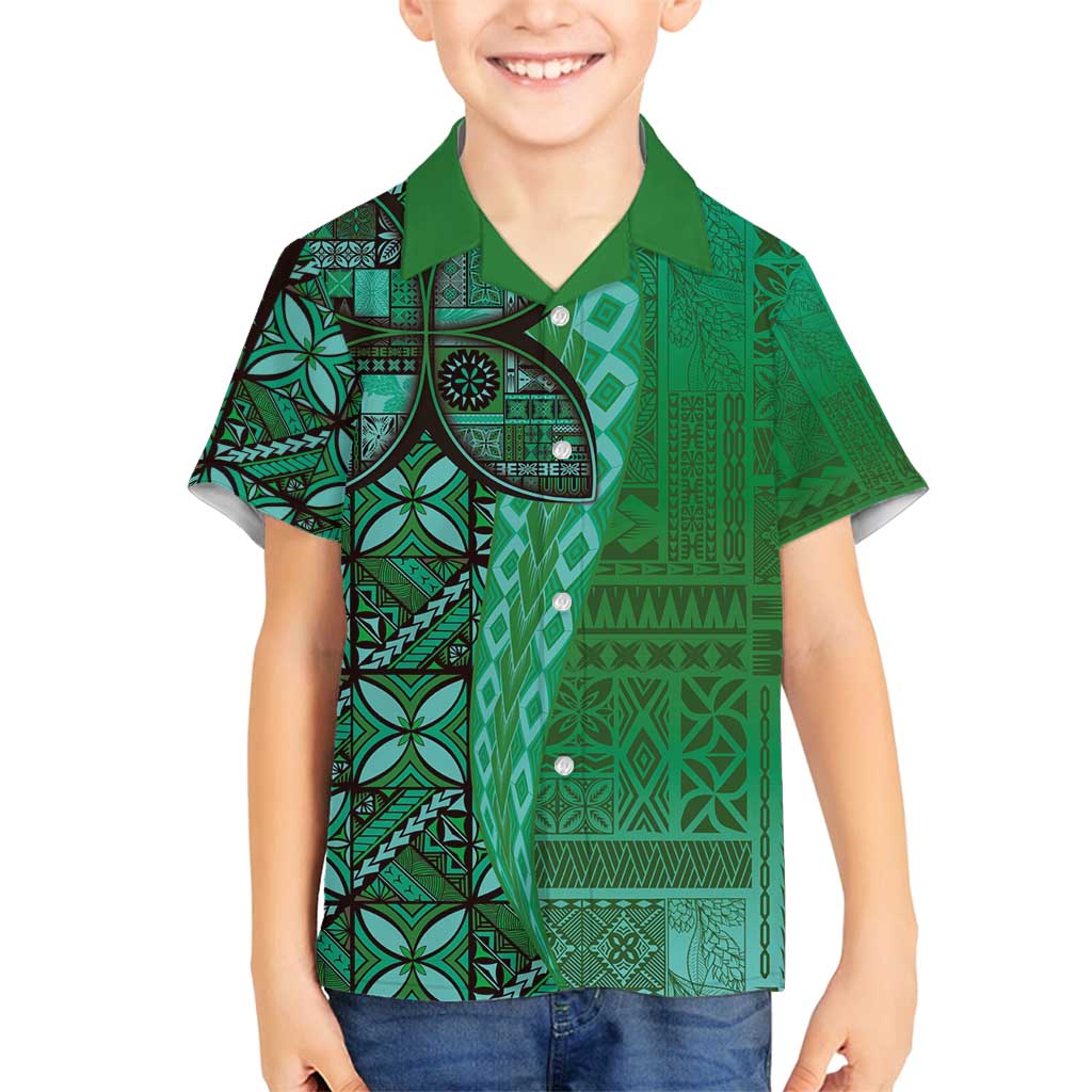 Samoan Pacific Tribal Flower Geometric Art Tattoos Family Matching Off Shoulder Short Dress and Hawaiian Shirt Siapo Pattern Emerald Glow - Polynesian Pride