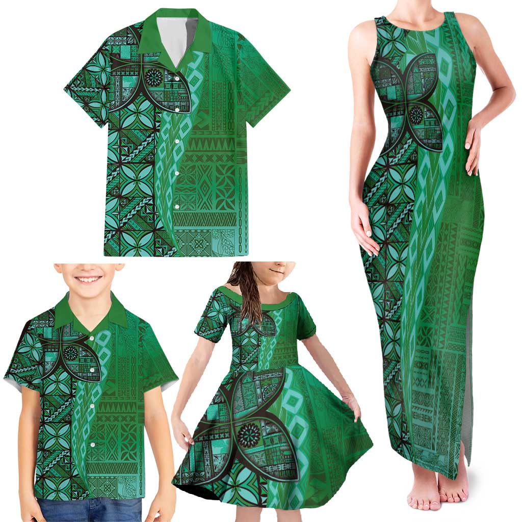 Samoan Pacific Tribal Flower Geometric Art Tattoos Family Matching Tank Maxi Dress and Hawaiian Shirt Siapo Pattern Emerald Glow - Polynesian Pride