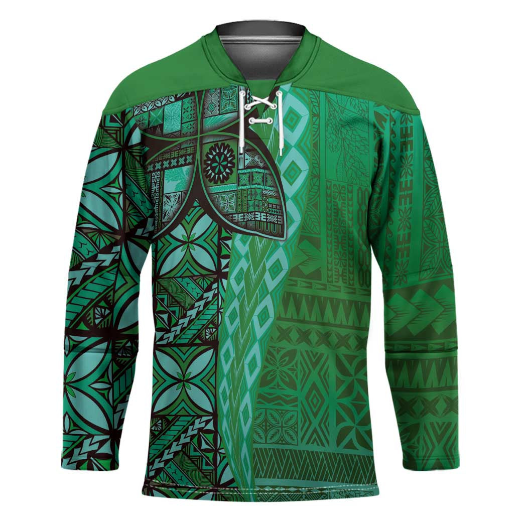 Samoan Pacific Tribal Flower Geometric Art Tattoos Hockey Jersey Siapo Pattern Emerald Glow - Polynesian Pride