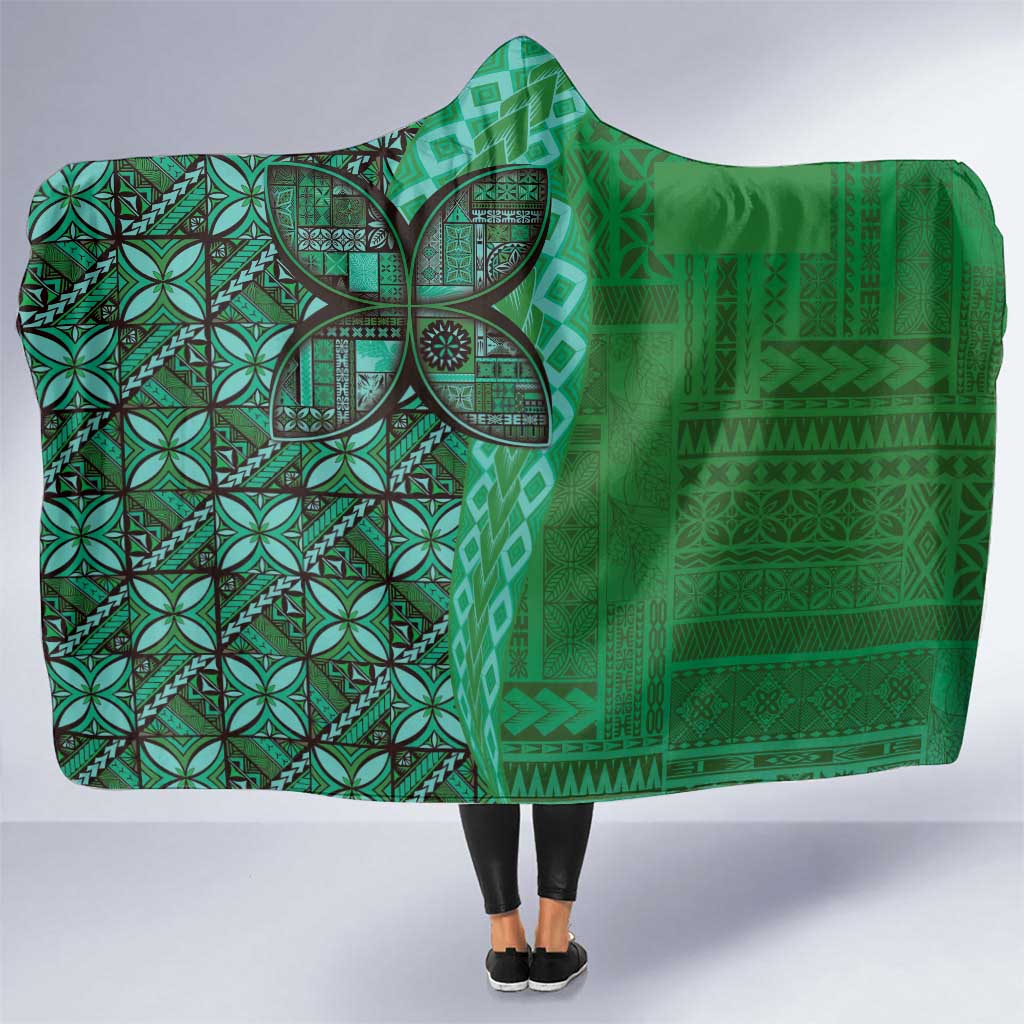 Samoan Pacific Tribal Flower Geometric Art Tattoos Hooded Blanket Siapo Pattern Emerald Glow - Polynesian Pride