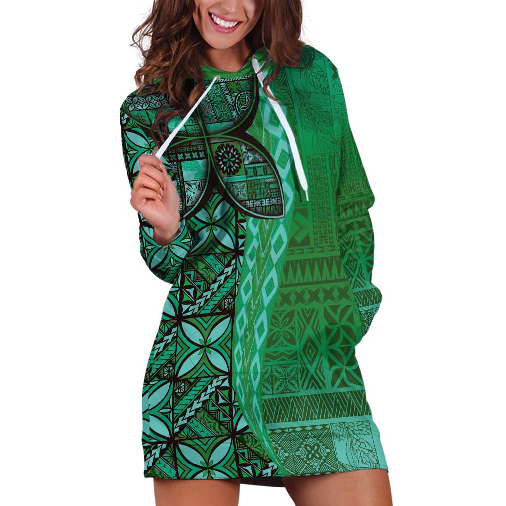 Samoan Pacific Tribal Flower Geometric Art Tattoos Hoodie Dress Siapo Pattern Emerald Glow - Polynesian Pride