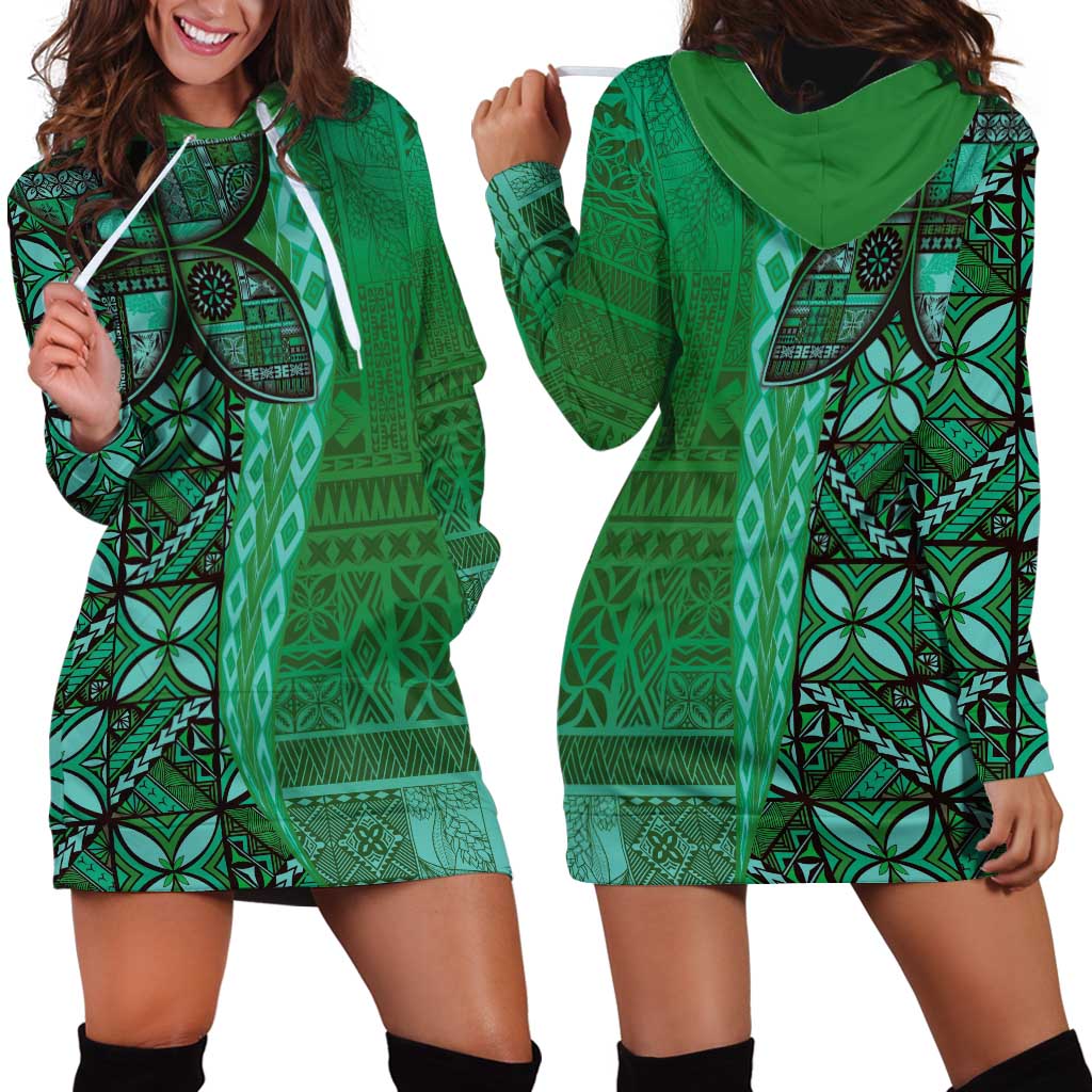 Samoan Pacific Tribal Flower Geometric Art Tattoos Hoodie Dress Siapo Pattern Emerald Glow - Polynesian Pride