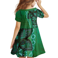 Samoan Pacific Tribal Flower Geometric Art Tattoos Kid Short Sleeve Dress Siapo Pattern Emerald Glow - Polynesian Pride