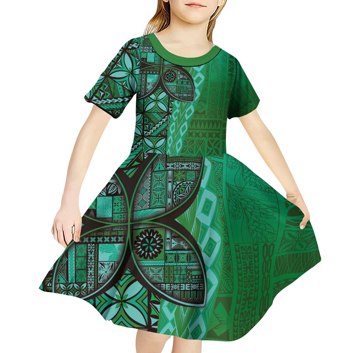 Samoan Pacific Tribal Flower Geometric Art Tattoos Kid Short Sleeve Dress Siapo Pattern Emerald Glow - Polynesian Pride