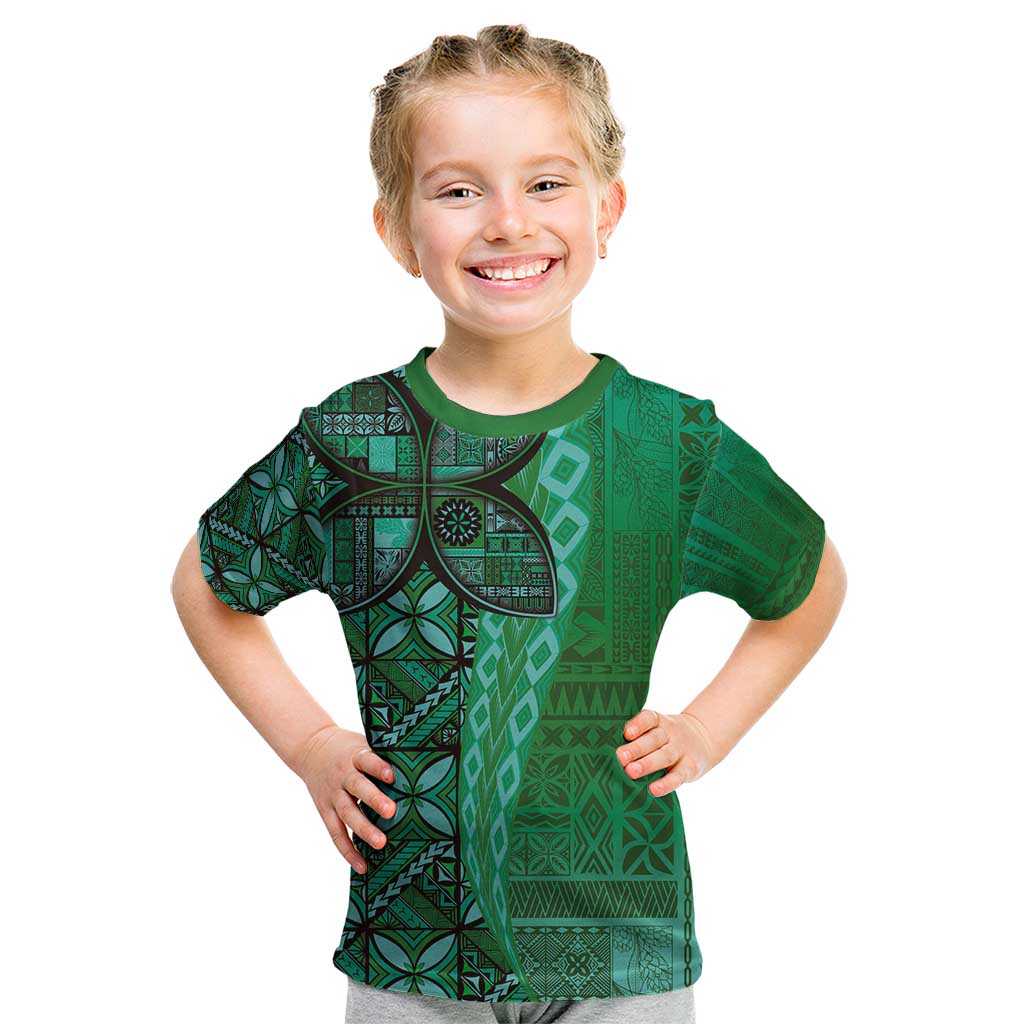 Samoan Pacific Tribal Flower Geometric Art Tattoos Kid T Shirt Siapo Pattern Emerald Glow LT03 Green - Polynesian Pride