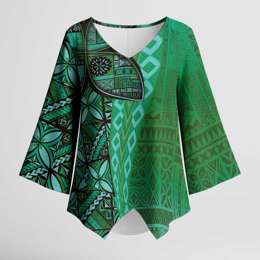 Samoan Pacific Tribal Flower Geometric Art Tattoos Kimono Sleeve Blouse Siapo Pattern Emerald Glow - Polynesian Pride