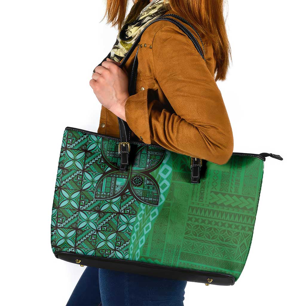 Samoan Pacific Tribal Flower Geometric Art Tattoos Leather Tote Bag Siapo Pattern Emerald Glow LT03 Green - Polynesian Pride