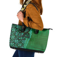 Samoan Pacific Tribal Flower Geometric Art Tattoos Leather Tote Bag Siapo Pattern Emerald Glow LT03 Green - Polynesian Pride