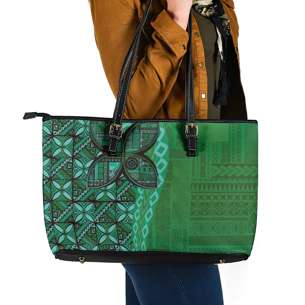 Samoan Pacific Tribal Flower Geometric Art Tattoos Leather Tote Bag Siapo Pattern Emerald Glow LT03 - Polynesian Pride