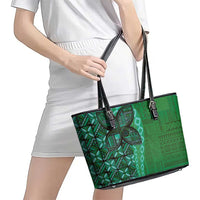 Samoan Pacific Tribal Flower Geometric Art Tattoos Leather Tote Bag Siapo Pattern Emerald Glow LT03 - Polynesian Pride