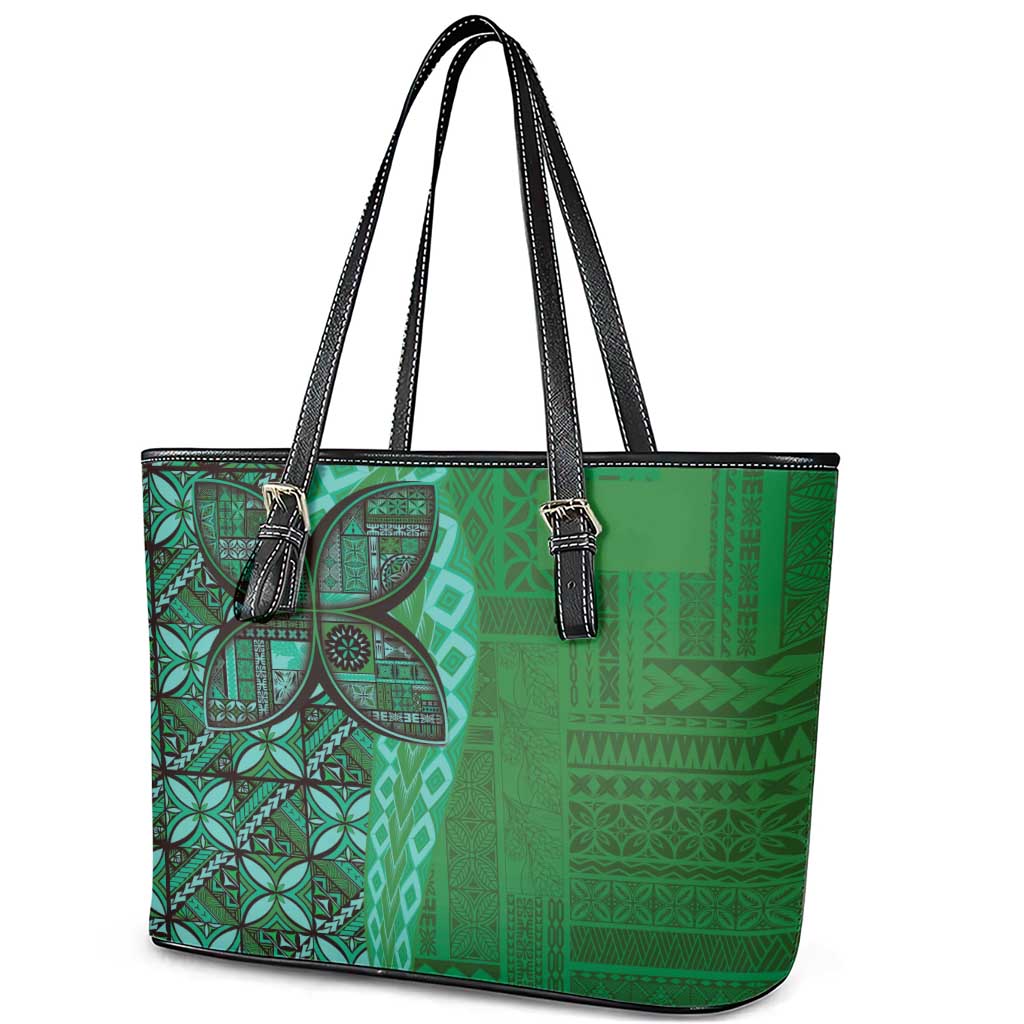 Samoan Pacific Tribal Flower Geometric Art Tattoos Leather Tote Bag Siapo Pattern Emerald Glow LT03 - Polynesian Pride