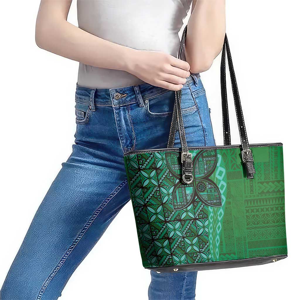 Samoan Pacific Tribal Flower Geometric Art Tattoos Leather Tote Bag Siapo Pattern Emerald Glow LT03 - Polynesian Pride