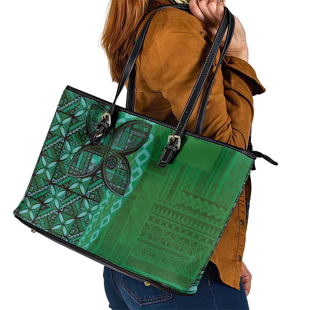 Samoan Pacific Tribal Flower Geometric Art Tattoos Leather Tote Bag Siapo Pattern Emerald Glow LT03 - Polynesian Pride