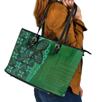 Samoan Pacific Tribal Flower Geometric Art Tattoos Leather Tote Bag Siapo Pattern Emerald Glow LT03 - Polynesian Pride