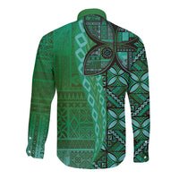 Samoan Pacific Tribal Flower Geometric Art Tattoos Long Sleeve Button Shirt Siapo Pattern Emerald Glow - Polynesian Pride