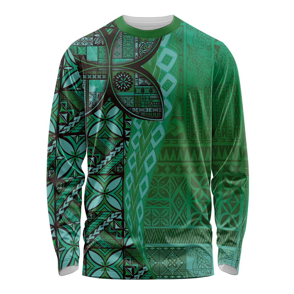 Samoan Pacific Tribal Flower Geometric Art Tattoos Long Sleeve Shirt Siapo Pattern Emerald Glow - Polynesian Pride